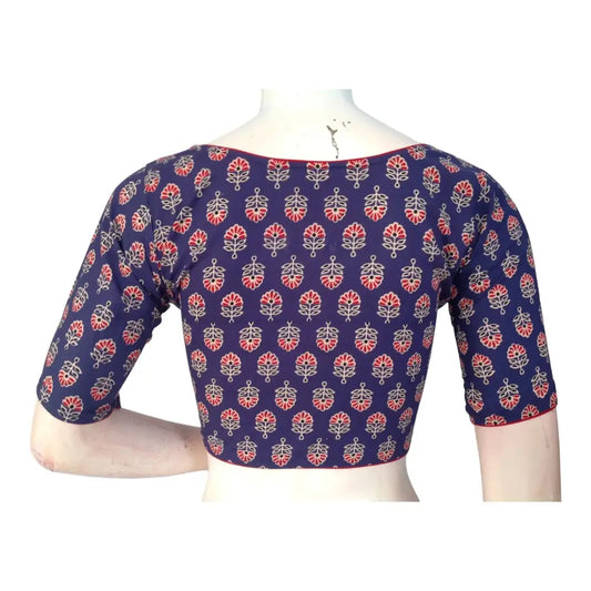 Violet Blue Cotton Saree High Neck Blouse| Indian Designer Blouse - D3blouses