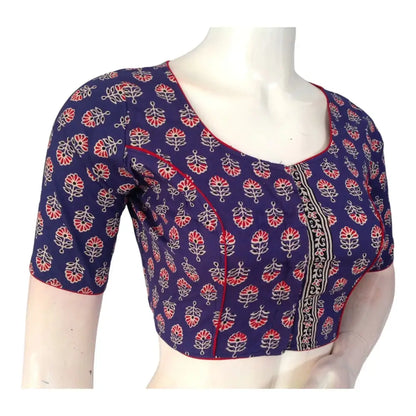Violet Blue Cotton Saree High Neck Blouse| Indian Designer Blouse - D3blouses