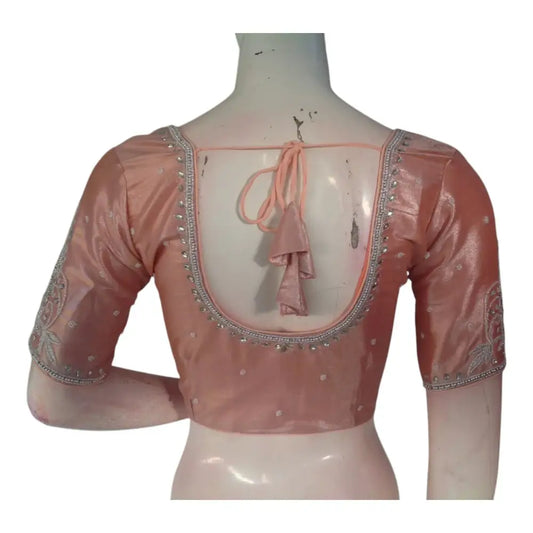 Warm Pastel Peach Color Blouse | Silver Aari Detail | Tissue Silk - D3blouses