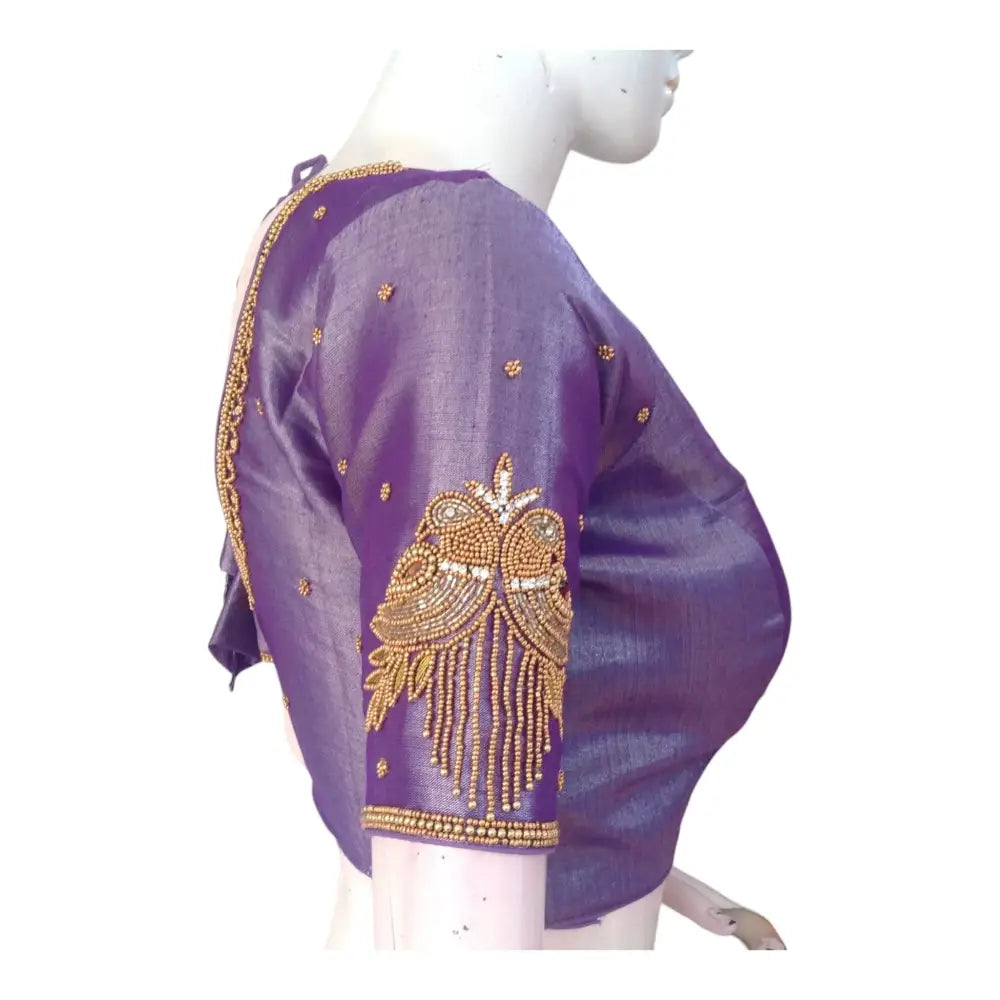 Wedding Perfection: Lavender Aari Handwork Tissue Silk Blouse - D3blouses
