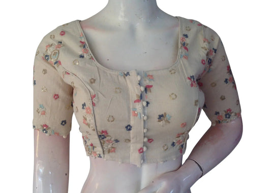 Whispering Petals Khadi Cotton Readymade Blouse: Subtle Sequined Detailing - D3blouses