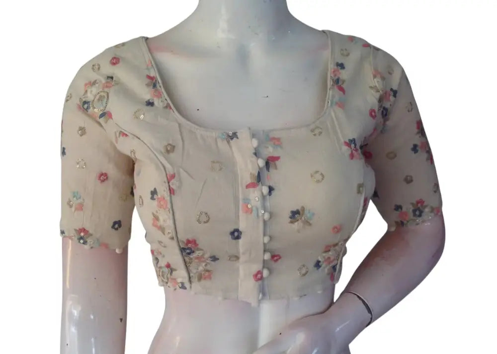 Whispering Petals Khadi Cotton Readymade Blouse: Subtle Sequined Detailing - D3blouses