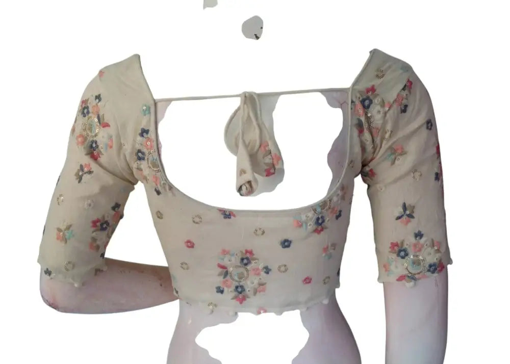 Whispering Petals Khadi Cotton Readymade Blouse: Subtle Sequined Detailing - D3blouses
