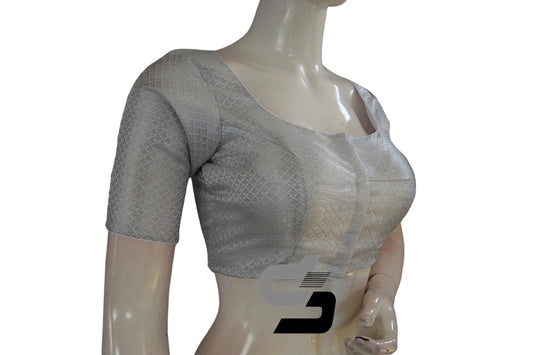 White and Silver Mixed Brocade Silk Readymade Saree Blouse - D3blouses