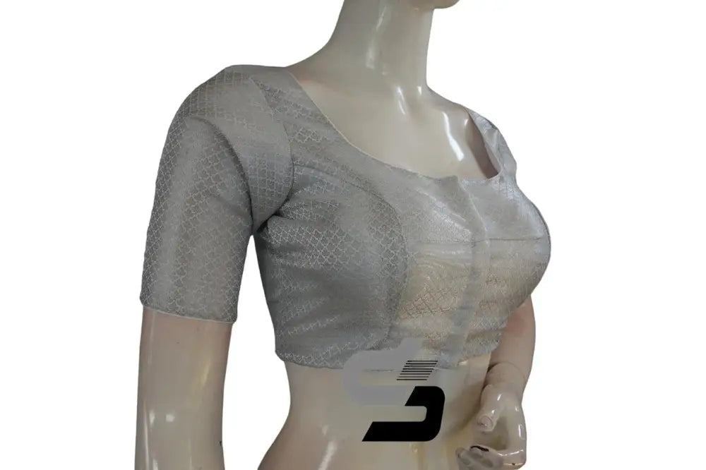 White and Silver Mixed Brocade Silk Readymade Saree Blouse - D3blouses
