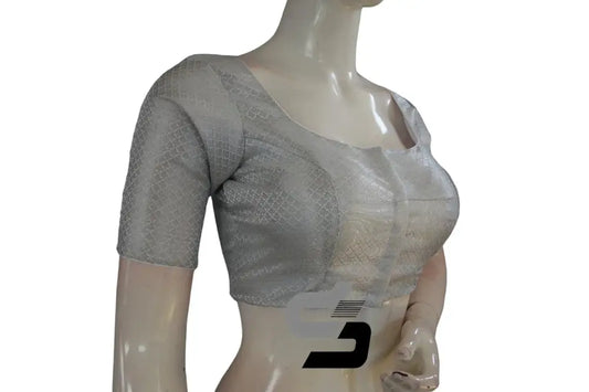 White and Silver Mixed Brocade Silk Readymade Saree Blouse - D3blouses