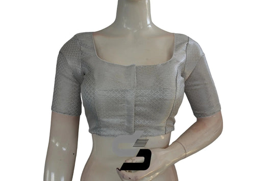 White and Silver Mixed Brocade Silk Readymade Saree Blouse - D3blouses