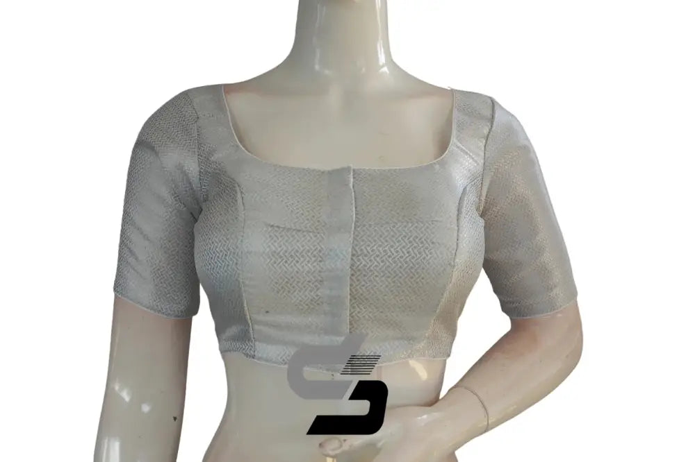 White and Silver Mixed Color Brocade Silk Readymade Saree Blouse - D3blouses