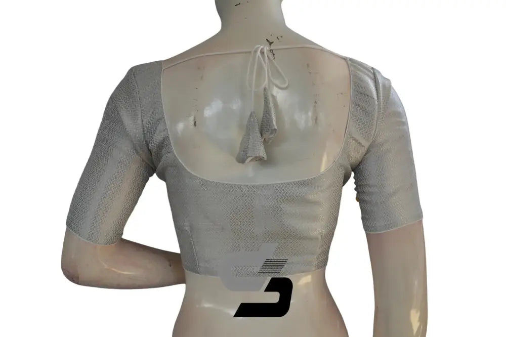 White and Silver Mixed Color Brocade Silk Readymade Saree Blouse - D3blouses
