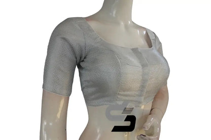 White and Silver Mixed Color Brocade Silk Readymade Saree Blouse - D3blouses