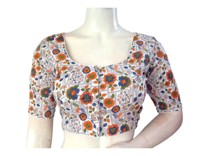 White Color Cotton Floral Printed Saree Blouse, Indian Readymade Blouse, Cotton Choli Top - D3blouses
