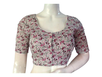 White Color Cotton Floral Printed Saree Blouse, Indian Readymade Choli top from D3 Blouses - D3blouses