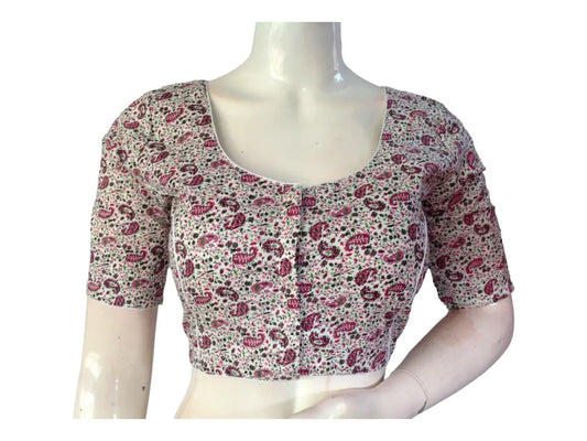 White Color Cotton Floral Printed Saree Blouse, Indian Readymade Choli top from D3 Blouses - D3blouses