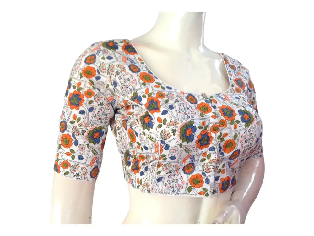 White Color Cotton Floral Printed Saree Blouse, Indian Readymade Blouse, Cotton Choli Top - D3blouses