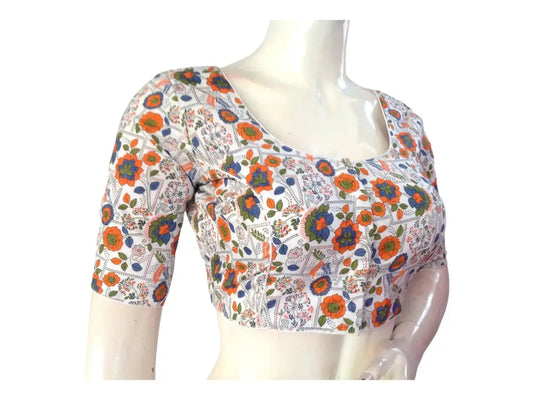 White Color Cotton Floral Printed Saree Blouse, Indian Readymade Blouse, Cotton Choli Top - D3blouses