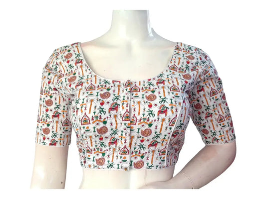 White Color Cotton Saree Blouse, Floral Printed Readymade Blouse, Indian Choli Top - D3blouses