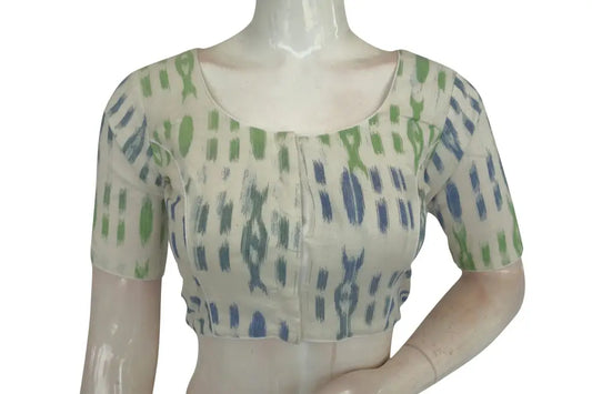 White Color Ikkat Cotton Readymade Blouse - D3blouses