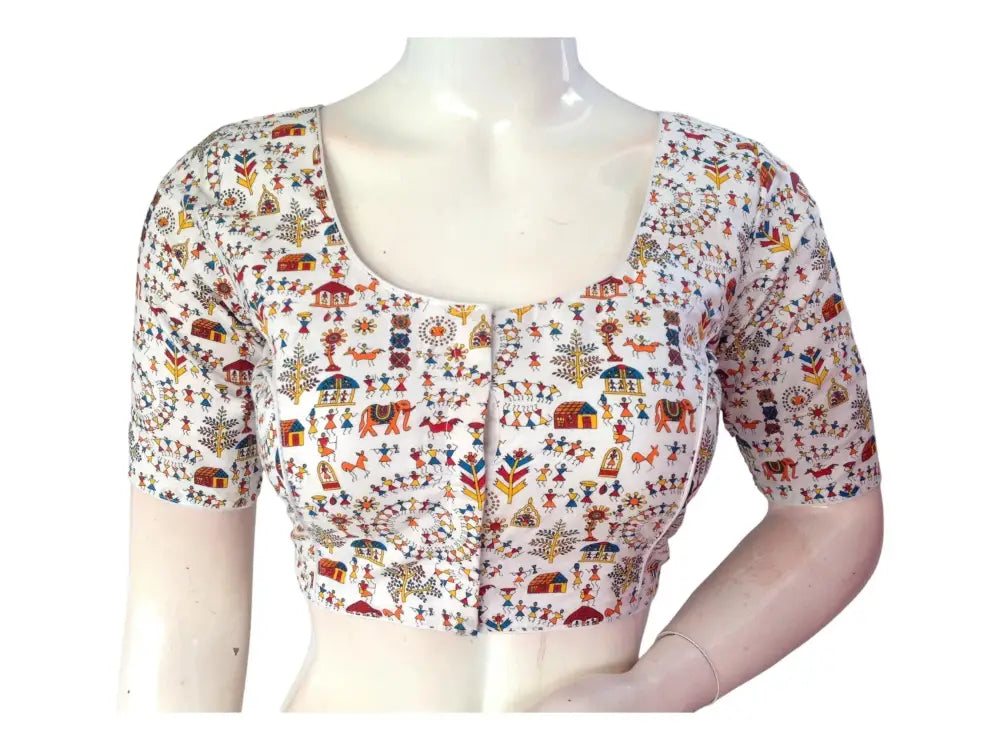 White Cotton Floral Saree Blouse, Indian Printed Readymade Choli top - D3blouses