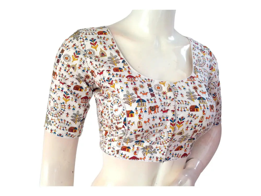 White Cotton Floral Saree Blouse, Indian Printed Readymade Choli top - D3blouses