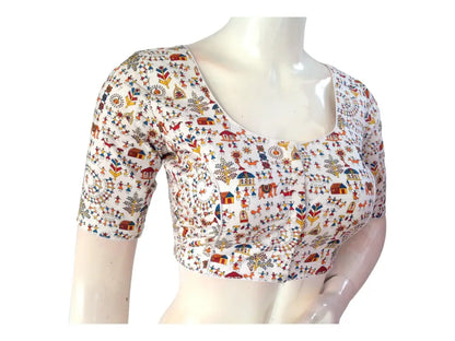 White Cotton Floral Saree Blouse, Indian Printed Readymade Choli top - D3blouses