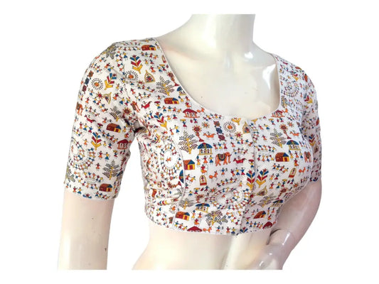 White Cotton Floral Saree Blouse, Indian Printed Readymade Choli top - D3blouses