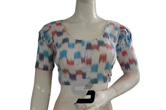 White, Designer Ikkat Cotton Readymade Saree Blouse with Puff Sleeves - D3blouses