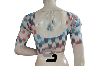 White, Designer Ikkat Cotton Readymade Saree Blouse with Puff Sleeves - D3blouses