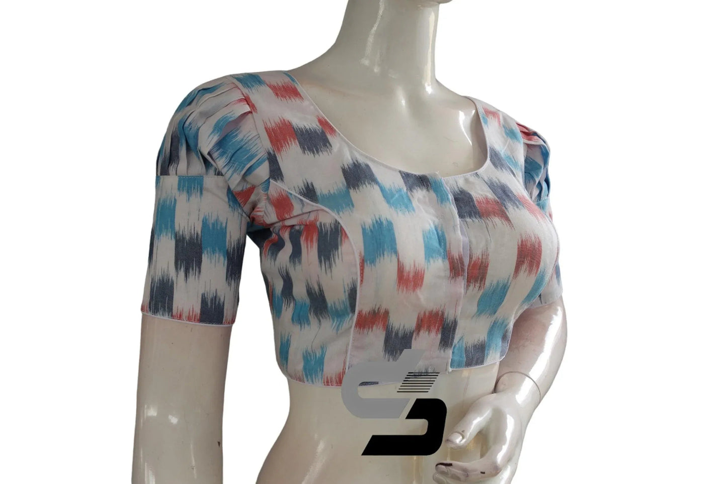 White, Designer Ikkat Cotton Readymade Saree Blouse with Puff Sleeves - D3blouses