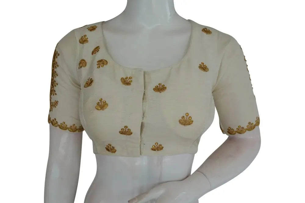White High Neck Embroidered Readymade Blouse: Mirror Detail, Indian Crop Top - D3blouses