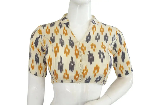 White Ikkat Collar Tunic Tops, Stylish and Comfortable - D3blouses