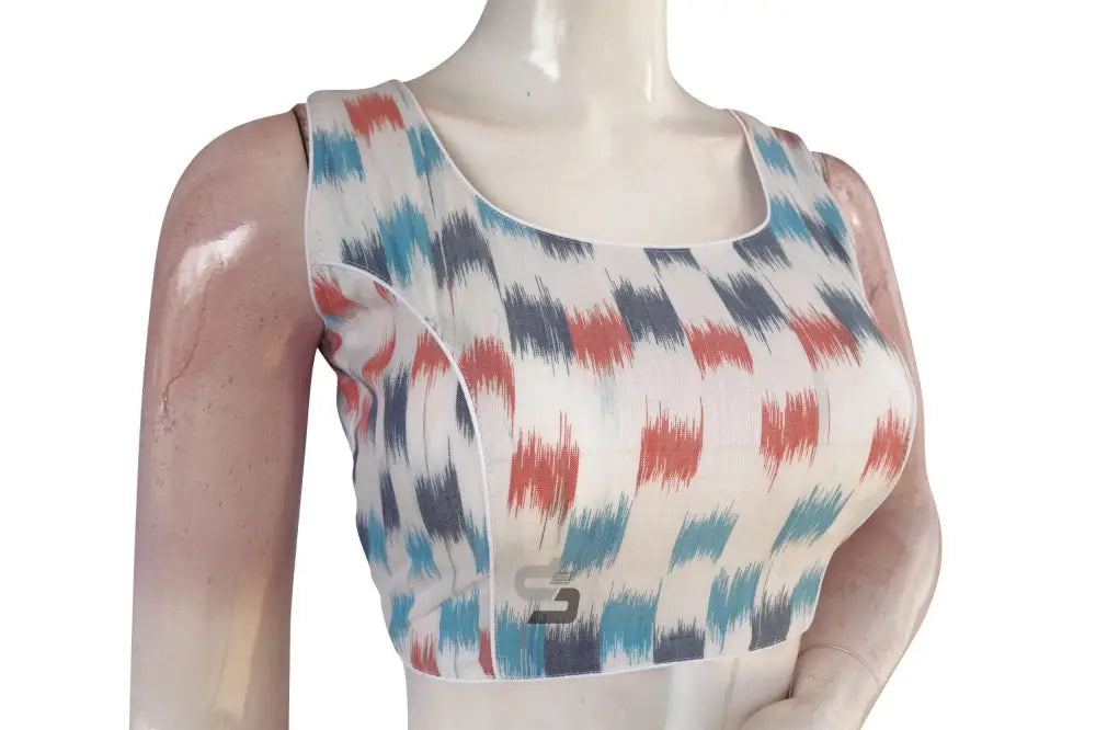 White Multi-Color Ikkat Designer Readymade Saree Blouse, Elevate Your Ethnic Look! - D3blouses
