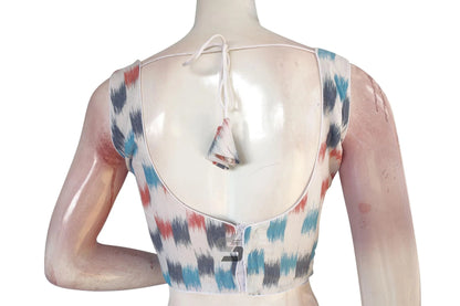 White Multi-Color Ikkat Designer Readymade Saree Blouse, Elevate Your Ethnic Look! - D3blouses