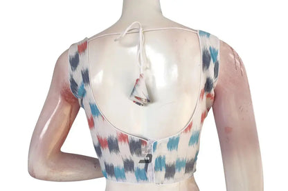 White Multi-Color Ikkat Designer Readymade Saree Blouse, Elevate Your Ethnic Look! - D3blouses