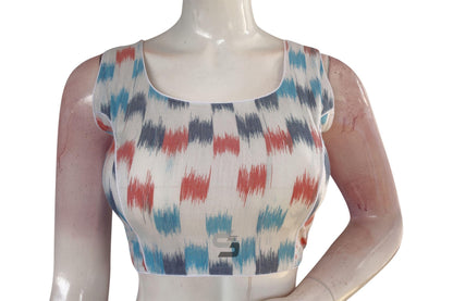 White Multi-Color Ikkat Designer Readymade Saree Blouse, Elevate Your Ethnic Look! - D3blouses