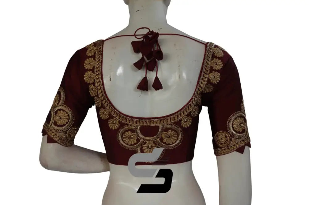 Wine Color Semi Silk Designer Embroidery Readymade Saree Blouse - D3blouses