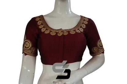 Wine Color Semi Silk Designer Embroidery Readymade Saree Blouse - D3blouses