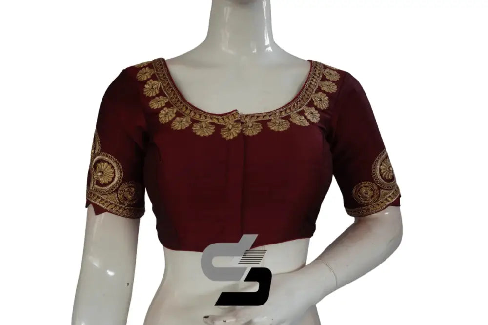 Wine Color Semi Silk Designer Embroidery Readymade Saree Blouse - D3blouses