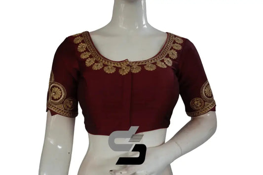 Wine Color Semi Silk Designer Embroidery Readymade Saree Blouse - D3blouses
