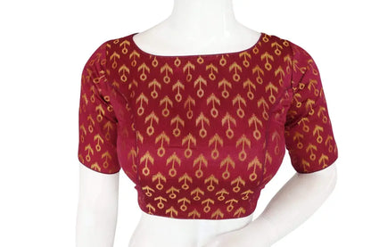 Wine Colour Brocade Silk Designer Boat Neck Readymade saree blouse with Potli Button - D3blouses