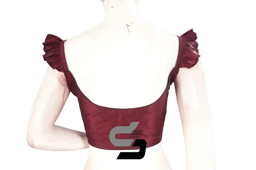 Wine Romance, Wine Plain Silk Spaghetti Frill Sleeves Readymade Saree Blouse - D3blouses