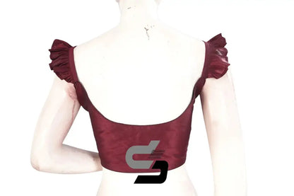 Wine Romance, Wine Plain Silk Spaghetti Frill Sleeves Readymade Saree Blouse - D3blouses