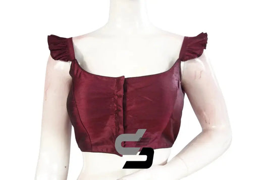 Wine Romance, Wine Plain Silk Spaghetti Frill Sleeves Readymade Saree Blouse - D3blouses