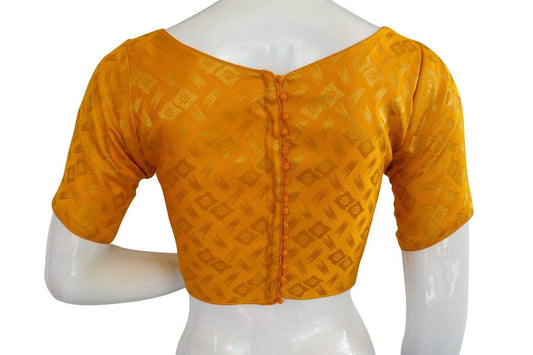 Yellow Color Brocade Silk Designer Boat Neck Ready-made saree blouse with Potli Button, Indian Silk saree Ready-made blouse - D3blouses