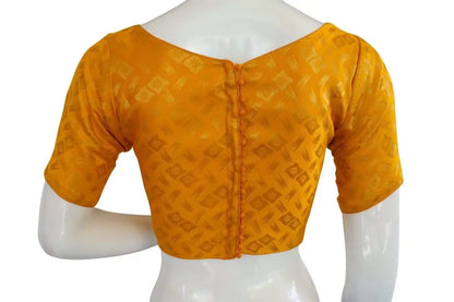 Yellow Color Brocade Silk Designer Boat Neck Ready-made saree blouse with Potli Button, Indian Silk saree Ready-made blouse - D3blouses