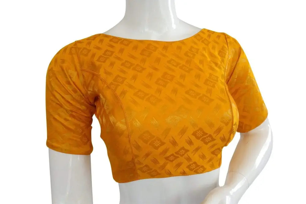 Yellow Color Brocade Silk Designer Boat Neck Ready-made saree blouse with Potli Button, Indian Silk saree Ready-made blouse - D3blouses