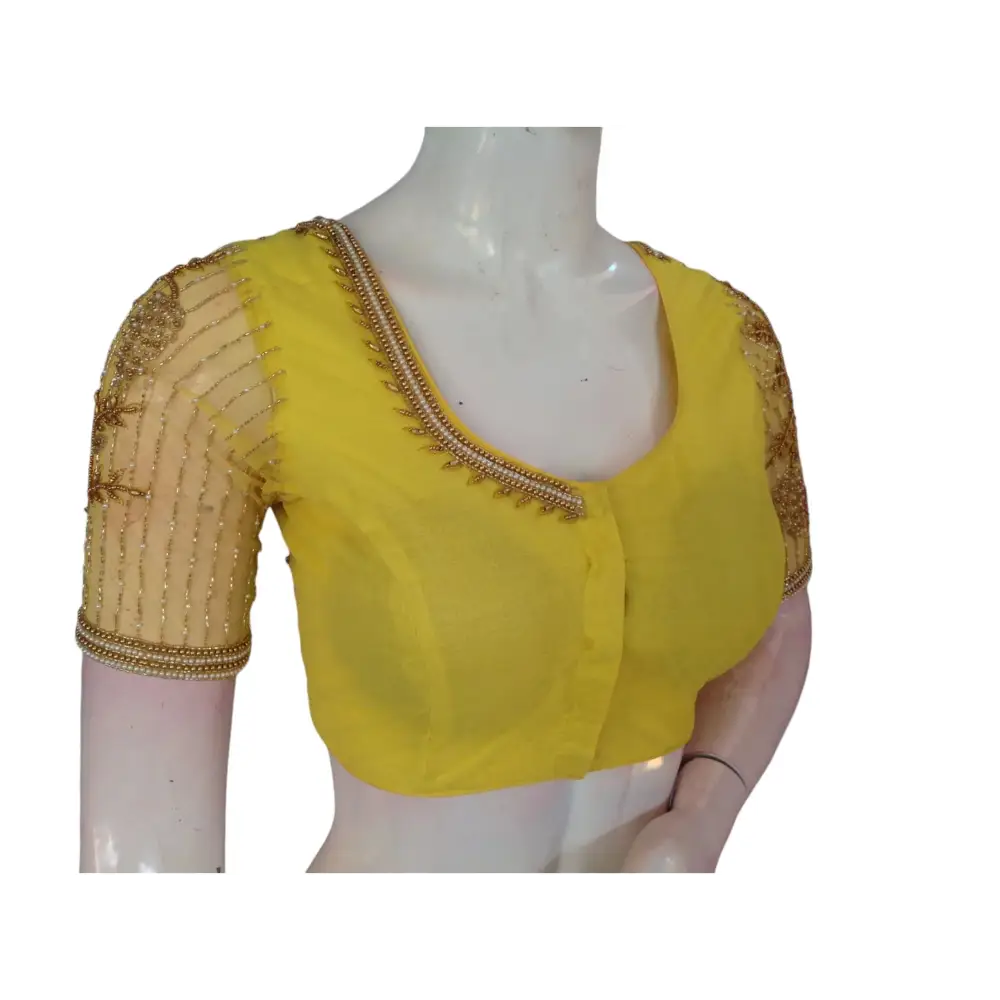 Yellow Color Designer Netted Aari Handwork Readymade Saree Blouses - D3blouses