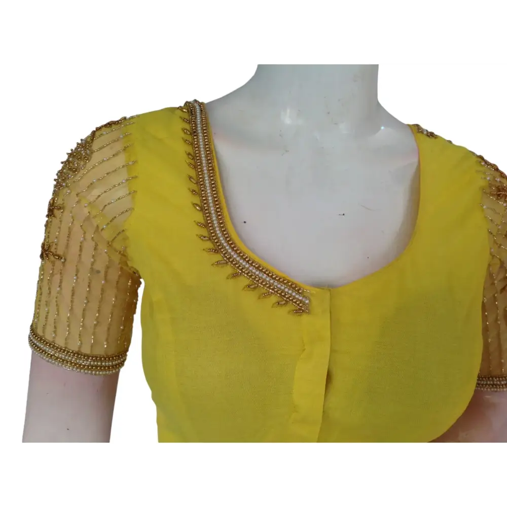 Yellow Color Designer Netted Aari Handwork Readymade Saree Blouses - D3blouses