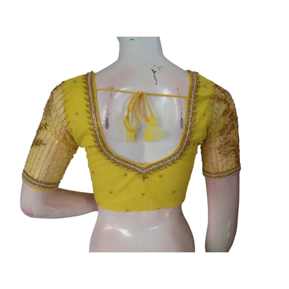 Yellow Color Designer Netted Aari Handwork Readymade Saree Blouses - D3blouses