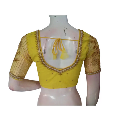 Yellow Color Designer Netted Aari Handwork Readymade Saree Blouses - D3blouses