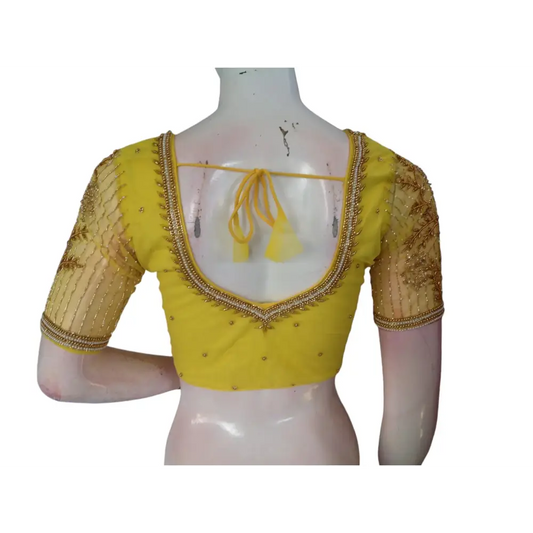 Yellow Color Designer Netted Aari Handwork Readymade Saree Blouses - D3blouses